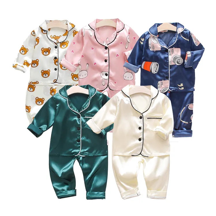 Fashion solid print long sleeve silk satin sleepwear children's boys girls cartoon kids pajamas