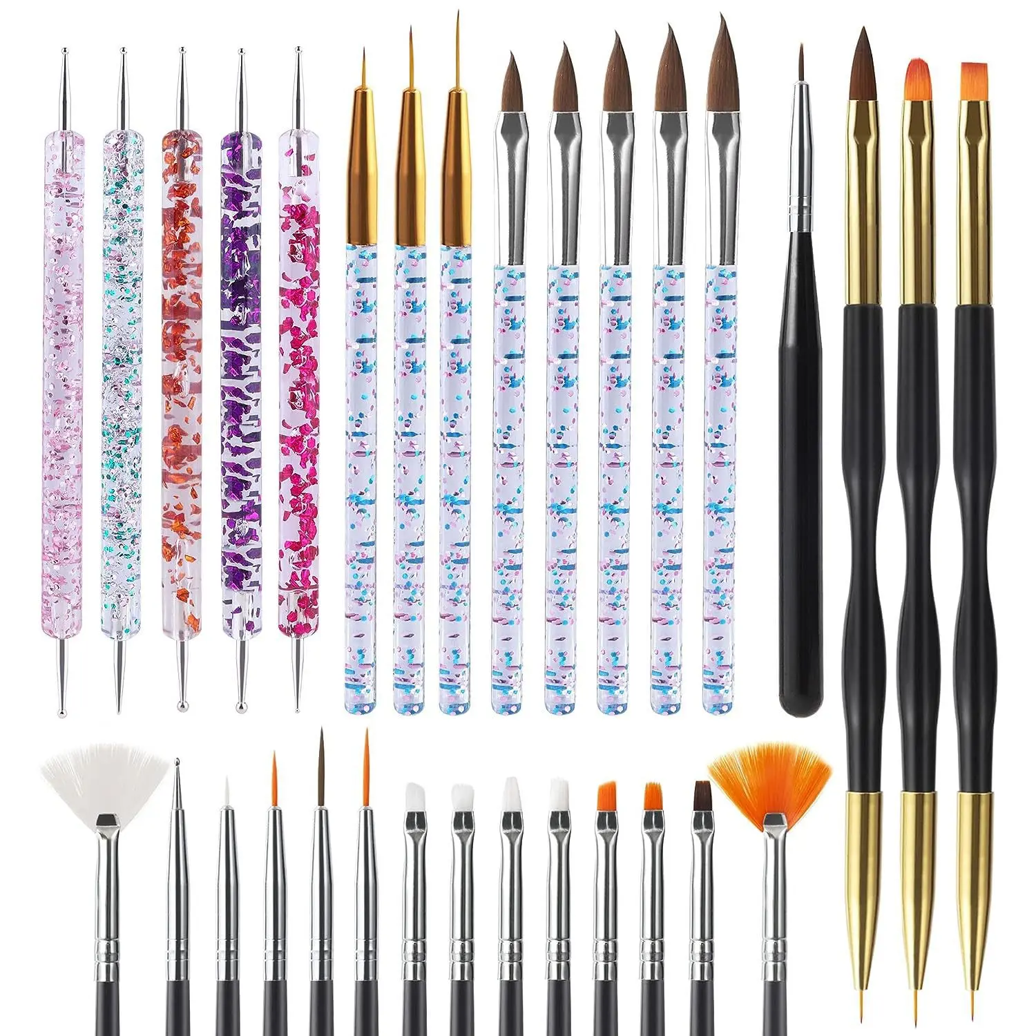 Ensemble de 31 stylos à ongles en acrylique avec poignée pour vernis à ongles en gel UV professionnel, pinceaux de peinture d'art, outil de pointage