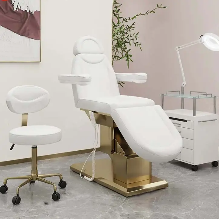 Giá Cao Cấp Vàng Trắng Điện Có Thể Điều Chỉnh Salon Lông Mi Mỹ Phẩm Trên Khuôn Mặt Ghế 3 Động Cơ Vẻ Đẹp Ngồi Có Thể Ngả Massage Khỏa Thân Giường