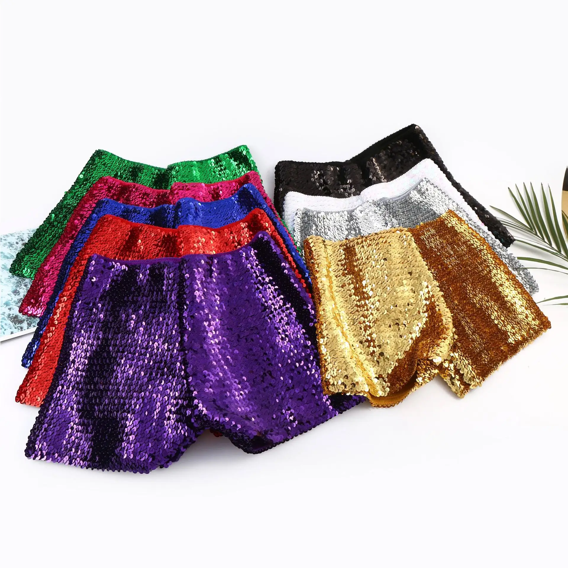 Women Street Fashion Sequin Shorts Mardi Gras Elastic Belt Slim Fit Low Waist Versatile Female Shorts Girls Dance Hot Pants