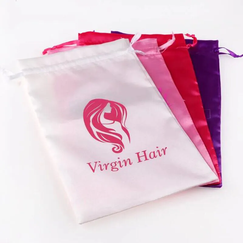 Bolsa de armazenamento de extensão de cabelo, logotipo personalizado, bolsa de cabelo humano, embalagem, sacos de cetim de seda preta, cordão, pacote, perucas