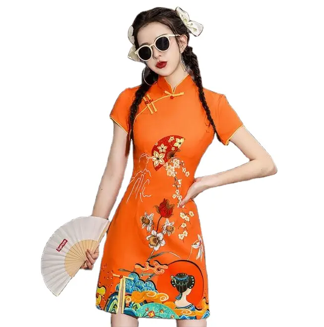 Minthson Vintage chino tradicional Casual fiesta mujeres Qipao vestido verano Stand Collar manga corta Cheongsam