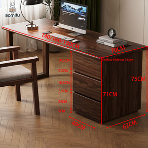 Durable New Chinese Style Real Walnut Wood Laptop <strong>Table</strong> with 3 Drawers Office Home 1.4M Dark Study <strong>Computer</strong> Desk for Storage - Product Image 6