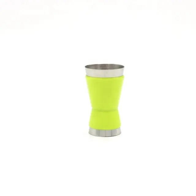 Double Paroi En Acier Inoxydable Cocktail Barman Double Face Doseur Tasse de Tir Avec la Couleur Jaune En Plastique Manches En Forme de Coquillage