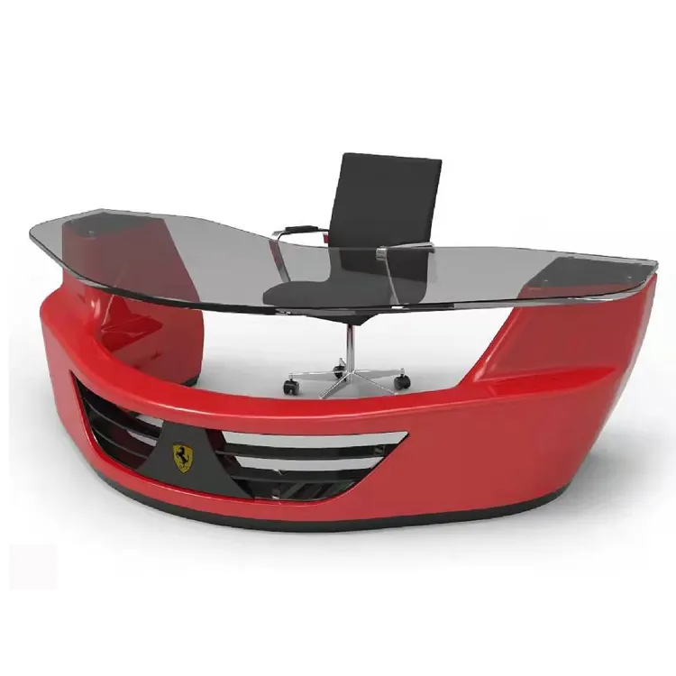 Mesa de cristal de diseño creativo con forma de coche, escritorio ejecutivo semicircular de oficina, escritorio ejecutivo de lujo rojo a la venta