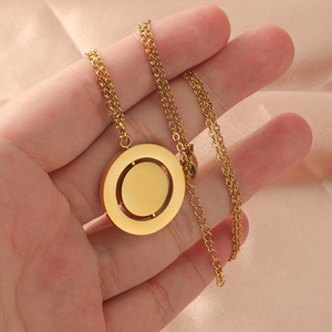 Gold Plated Link <strong>Chain</strong> Necklace Stainless Steel Double-Layer Geometric Round Pattern Rotatable <strong>Inner</strong> Disc Pendant for Engagement - Product Image 4