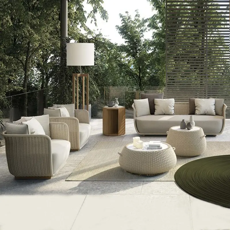 Conjunto de móveis de jardim sofás de rattan para exteriores, sofá de pátio moderno, conjunto de móveis de plástico para exteriores, venda imperdível