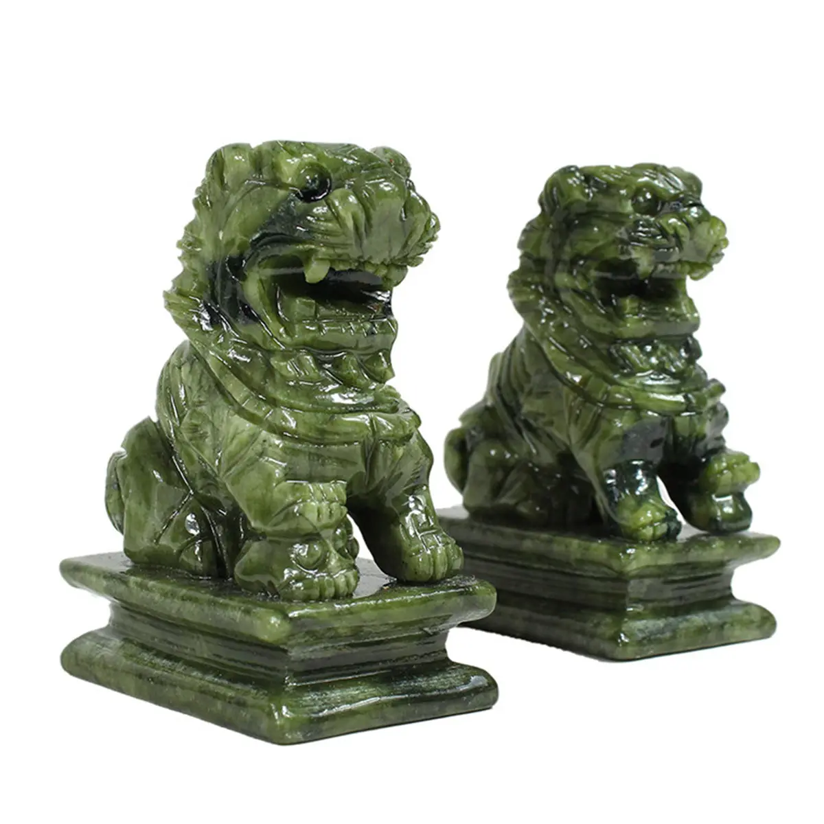 1 par de china verde jade esculpido fengshui foo fu cão guarda porta leão escritório decoração presente