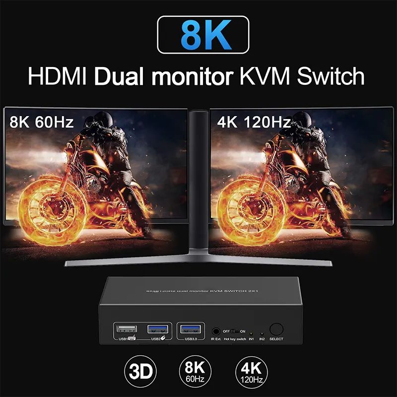 8K@60Hz 4K@120Hz HDMI USB 3.0 KVM स्विच 2 पोर्ट डुअल मॉनिटर एक्सटेंडेड डिस्प्ले KVM स्विचर