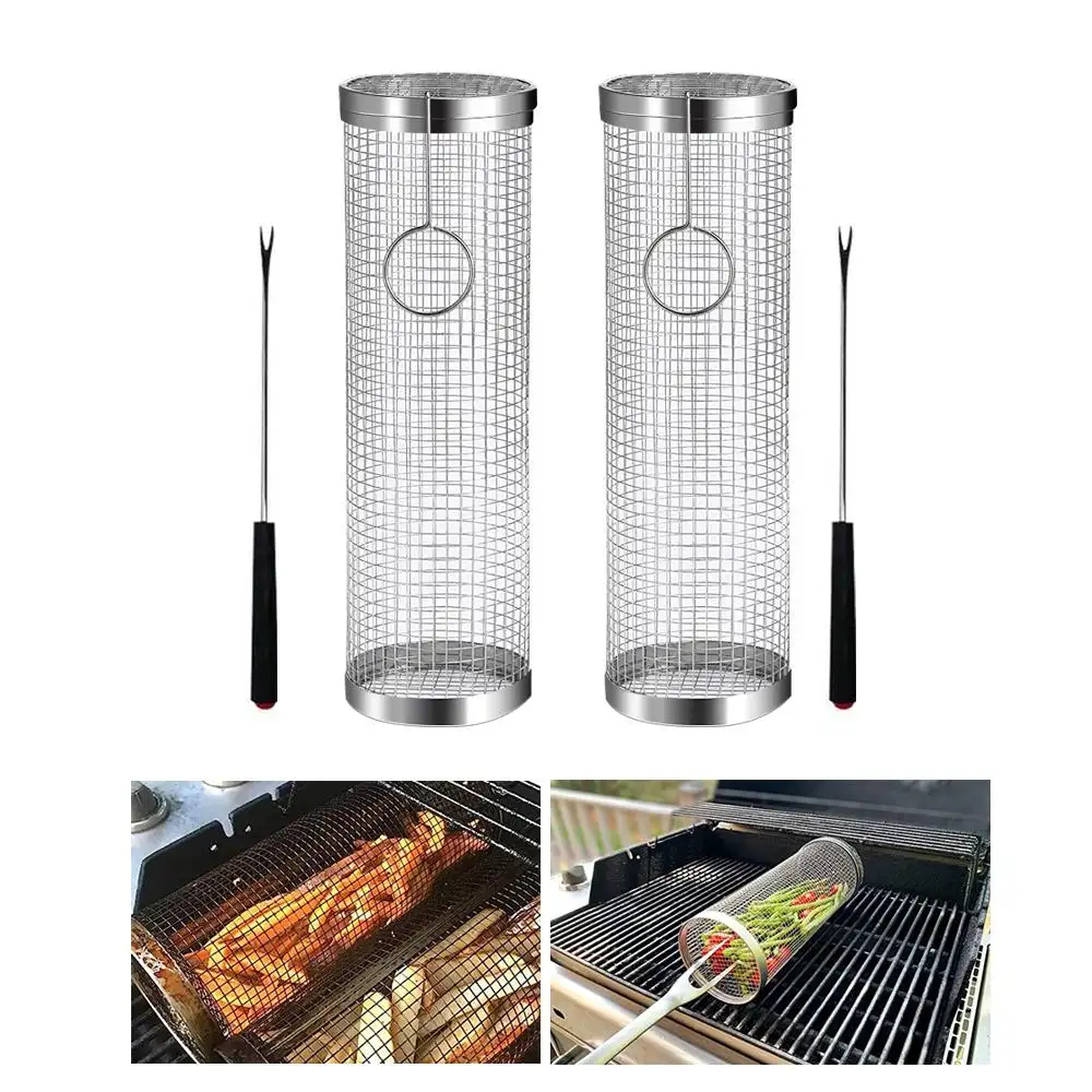 2 pack round stainless steel bbq grill basket rolling grill basket for fish accessories barbecue