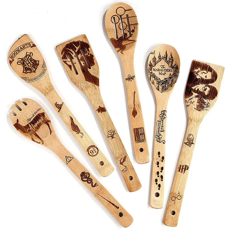 Utensilios de cocina de vacaciones personalizados, utensilios de cocina seguros de bambú originales, cuchara, espátula, utensilios de cocina de 6 piezas por juego