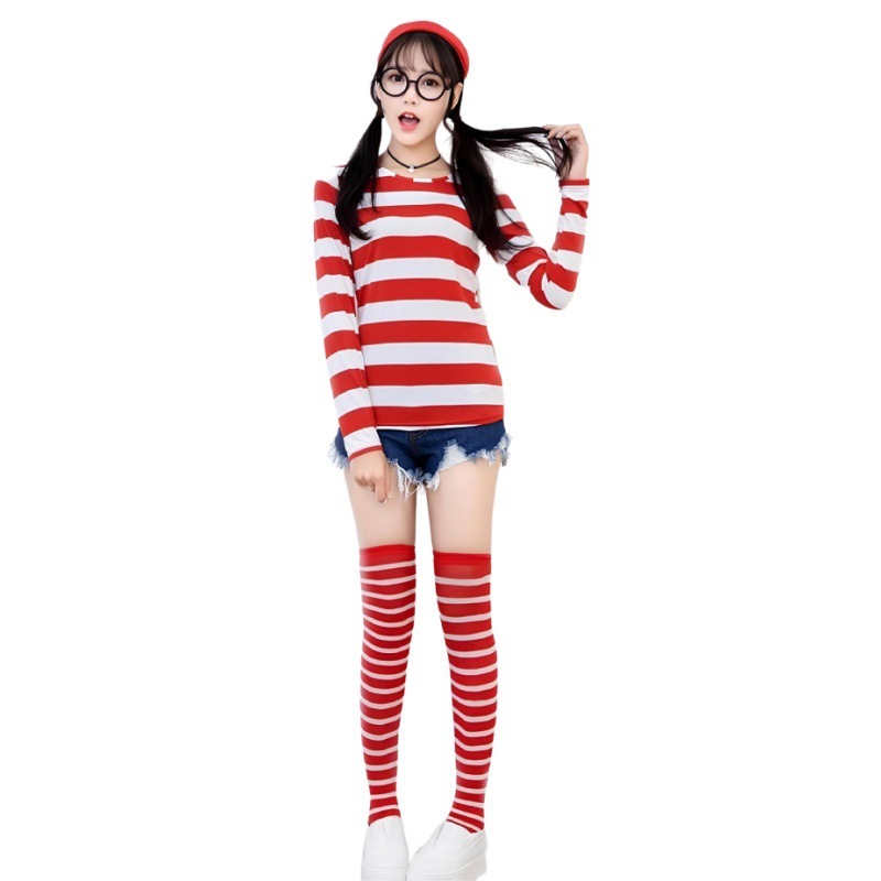 Femme adulte (haut + chapeau + monture de lunettes + chaussettes à rayures rouges)