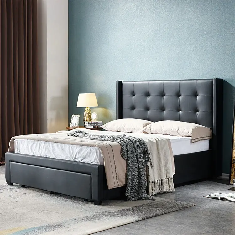 King size moderne opslag stof een lades bed frame luxe zwarte dubbele bed met lades