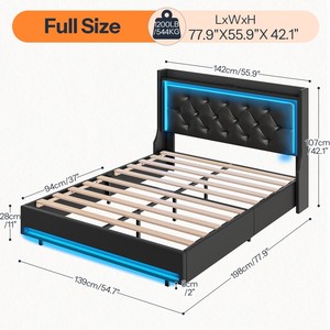 เตียงแฝด/คู่/เต็ม/เตียงขนาดควีนไซส์พร้อมหัวเตียงหุ้มโครงเตียงสีดำพร้อมไฟ LED ชาร์จไฟสถานี USB - Product Image 2