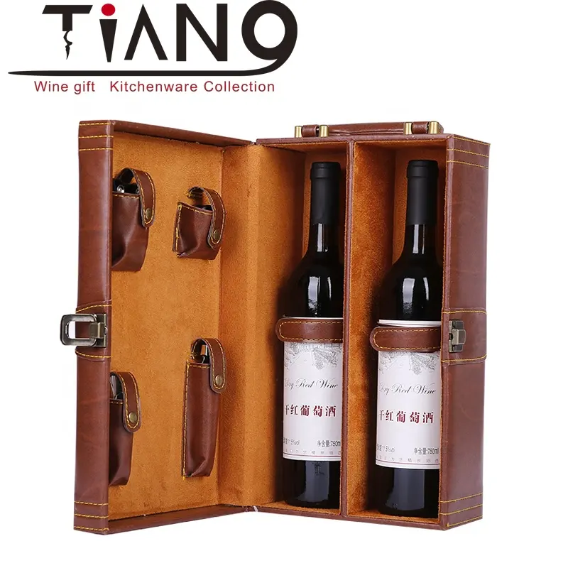 leather wine box PU wine holder wooden wine gift box set