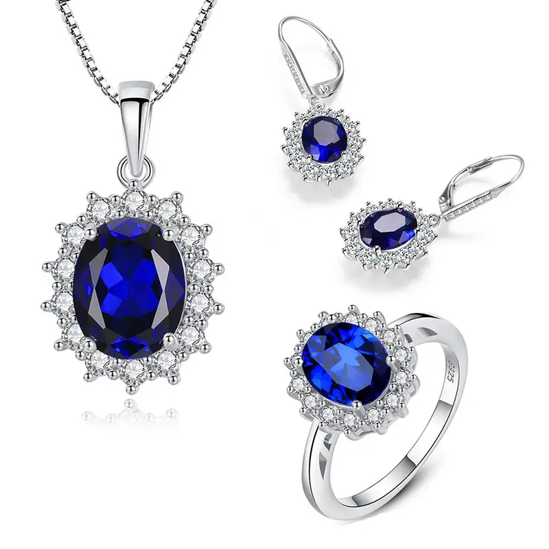 Bridal Wedding Jewellery Set 925 Sterling Silver Blue Sapphire Stone Earring Necklaces Set