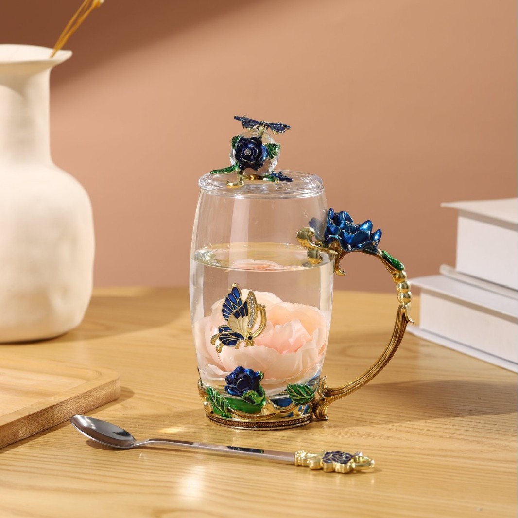 Taza alta Blue Rose con cuchara y tapa (embalaje de espuma)