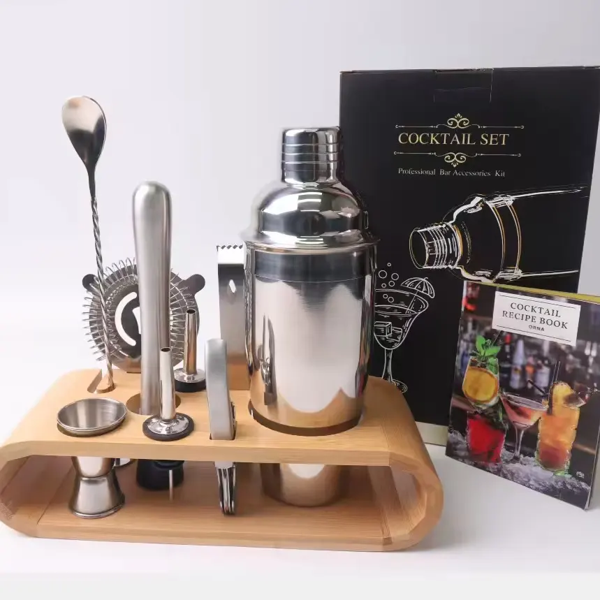 Professionelle Barware-Werkzeuge 10-teiliges Bartender-Set Cocktail-Mixer-Set Jigger Edelstahl Cocktail-Shaker-Set mit Bambusständer