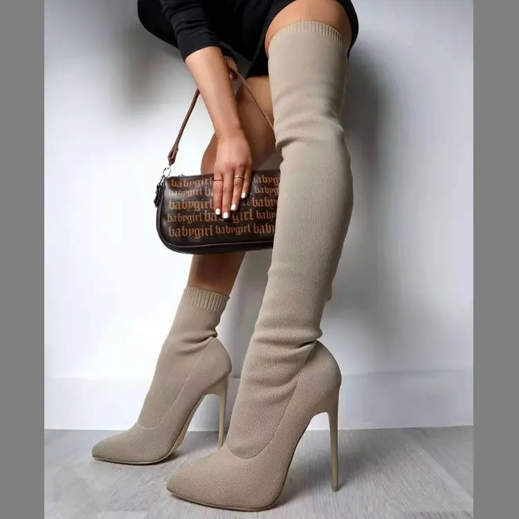 Flying woven long tube high heel women's boots plus size sexy over the knee knitted high boots