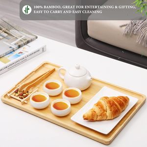 批发竹木上菜托盘矩形光泽装饰上菜盘，带手柄、搁脚凳和咖啡桌搭托盘 - Product Image 3