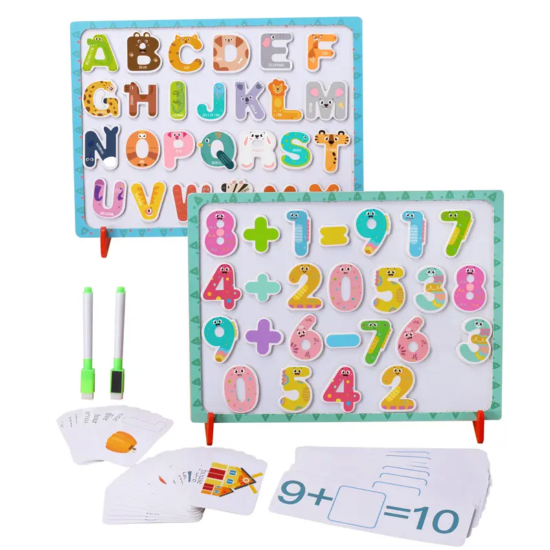 Bambini lettere magnetiche in legno numeri giocattoli alfabeto parole carte ortografia disegno gioco apprendimento giocattoli matematici educativi per bambini