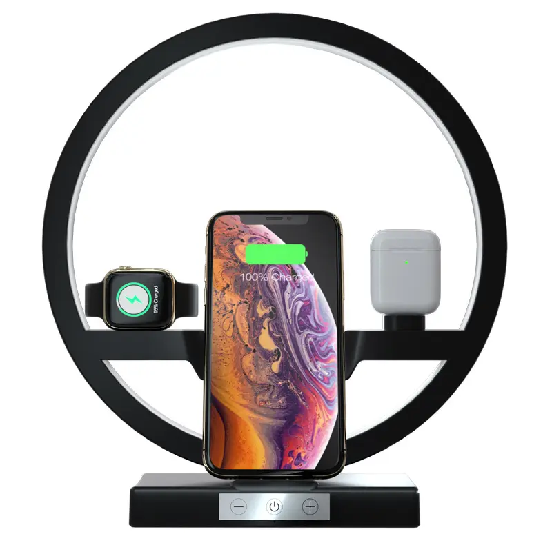 Más QI 10W de lámpara de escritorio rápido cargador inalámbrico 3 en 1 de carga inalámbrica para iPhone reloj auriculares