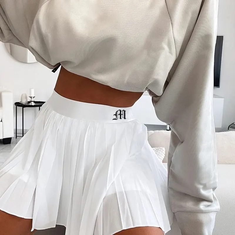 Minifalda plisada blanca para mujer, Falda corta con cintura elástica, Sexy, con bordado de Mircro, para tenis