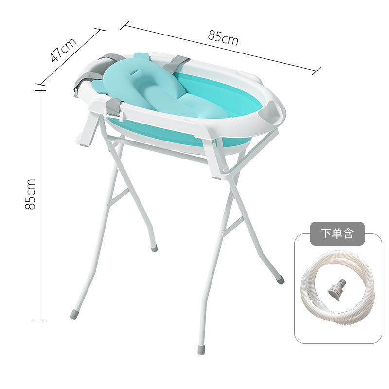 White stand + blue bath tub + blue bath mat