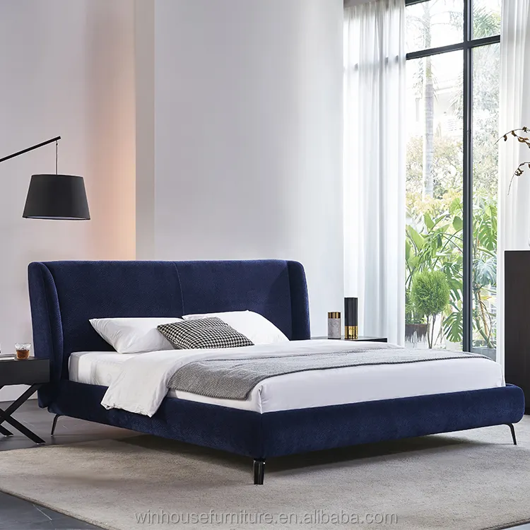 Cama modelo de tela de terciopelo azul diseño de cama de moda muebles de dormitorio de lujo cama de tela
