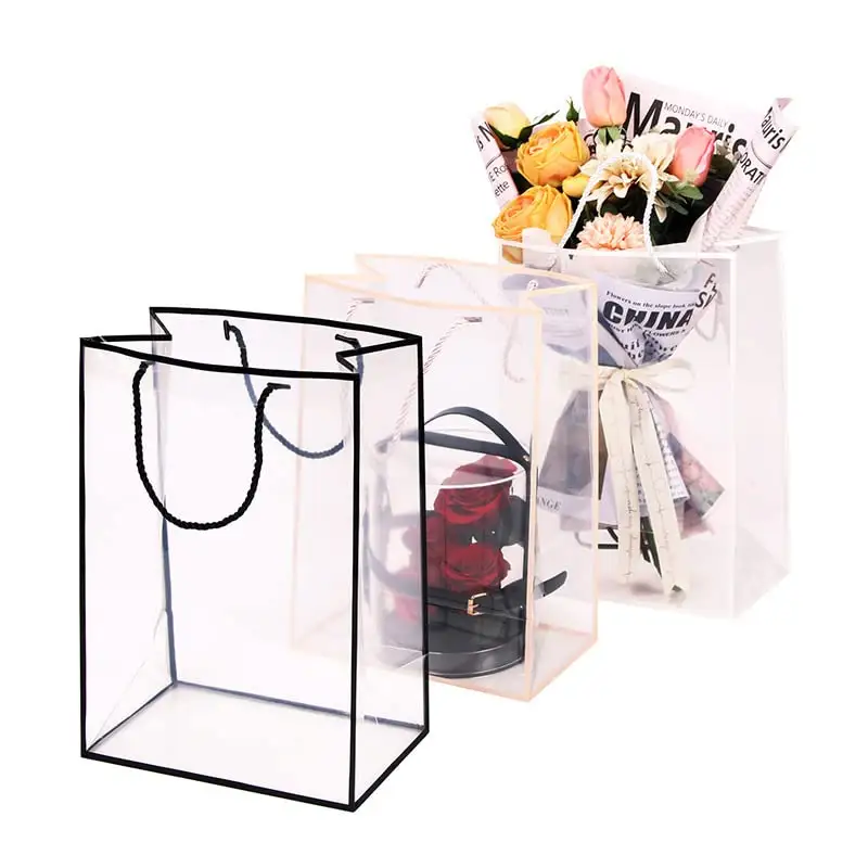 Custom Clear Gift Bags Reusable Wrapping Plastic Tote Shopping Bag Craft Snack Goodie Party Favor Carry Bag For Flower Bouquets