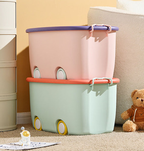 ふた付きかわいいキッズおもちゃ箱収納オーガナイザー積み重ね可能なプラスチック製おもちゃ収納ビンプレイルーム用ホイール付きカラフルなおもちゃ箱 - Product Image 2