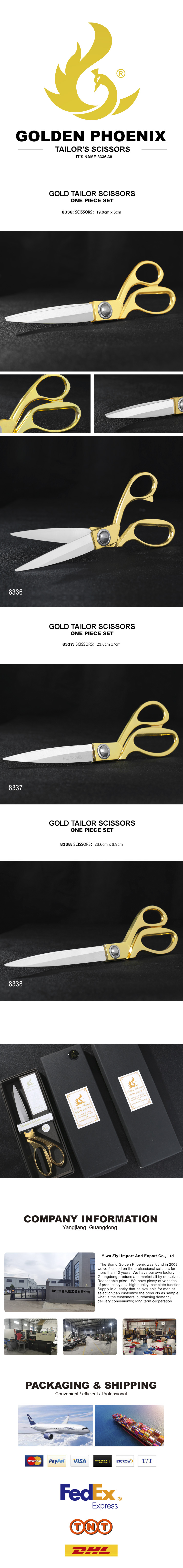 Golden Phoenix Scissor Shear Tailor scissors 8.5inch Gold stainless steel handle tailor premium cloth cutting scissors