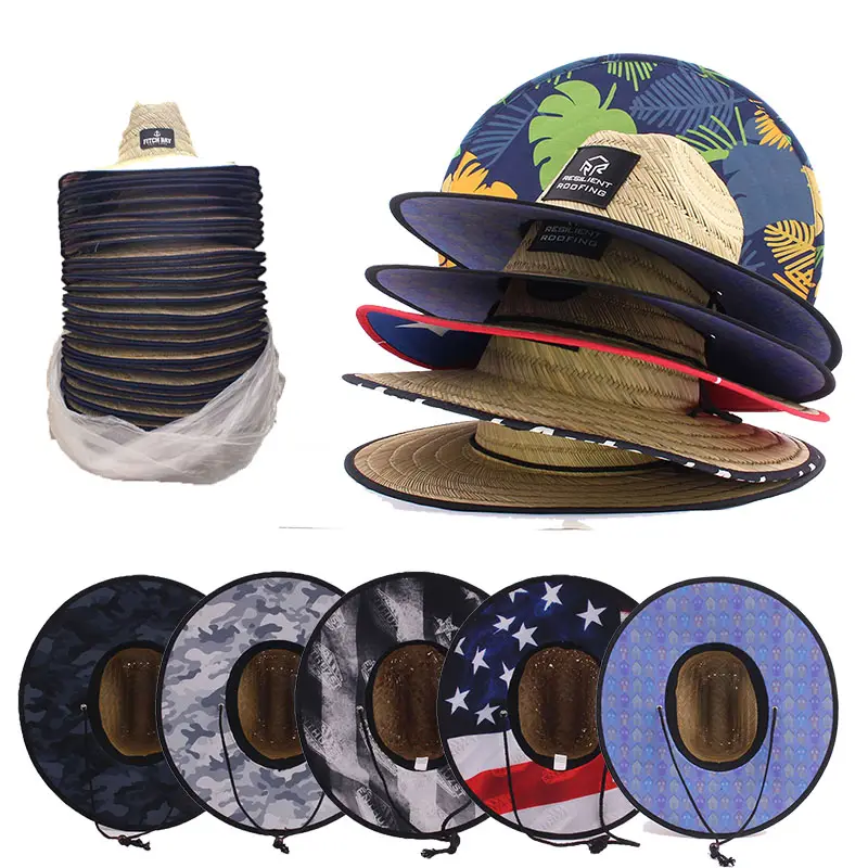 Grosir topi jerami penjaga pantai musim panas di bawah pinggiran cetakan kustom topi Pantai Sombrero Amerika surfing penjaga pantai dengan logo topi jerami