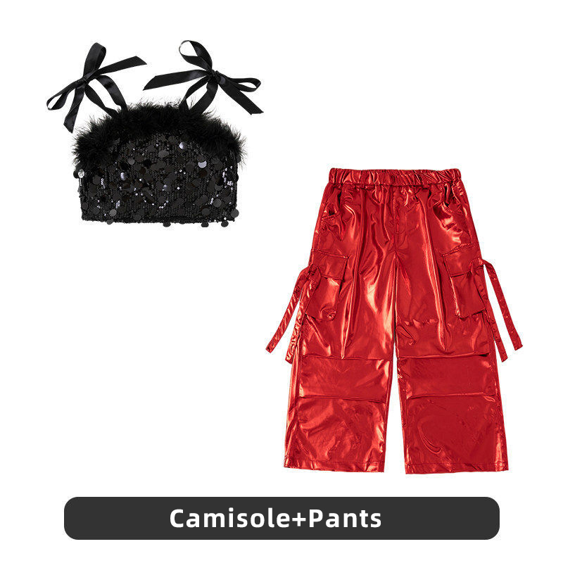 Black sequin suspenders + bright leather red trousers
