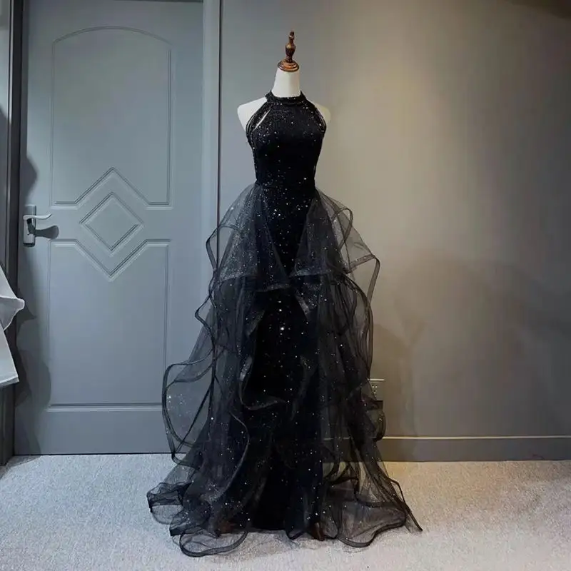 2023 nouvelle robe de soirée noir Banquet robe de soirée femme nouveau adulte anniversaire mince étudiant Performance robe