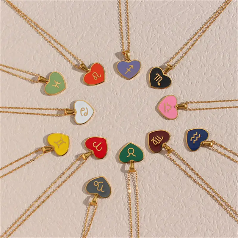 DAIHE Non Tarnish Jewelry 18k Gold Plated Heart Shaped Colorful 12 Horoscope Charm Necklace