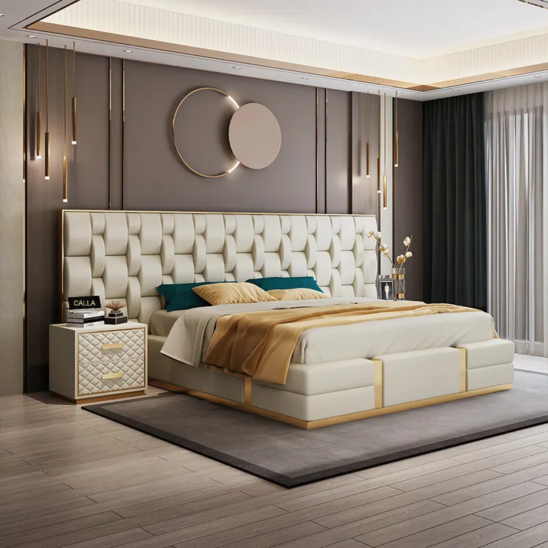 Современная легкая Высококачественная большая кровать с изголовьем кровати роскошная Мебель для Спальни Дизайнерская мягкая кожаная кровать большого размера