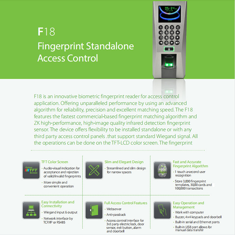 ZK F18 Biometric Fingerprint RFID Access Control Keypad System Electronic USB Time Clock Recorder Time Attendance Machine