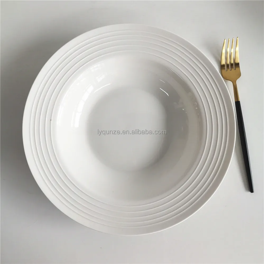 Venta al por mayor de cerámica de 8,5 pulgadas en relieve círculo plato de sopa plato de porcelana para el hogar supermercado restaurante