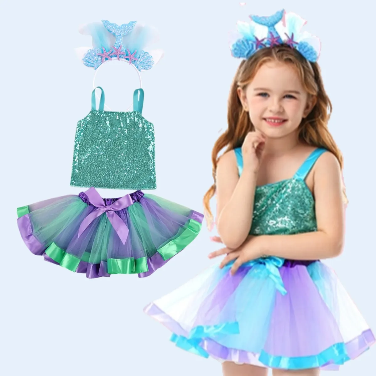 Vestido de princesa para niñas, conjunto de disfraz de juego de simulación de sirena con diadema para niñas pequeñas de 0 a 6 años personalizado