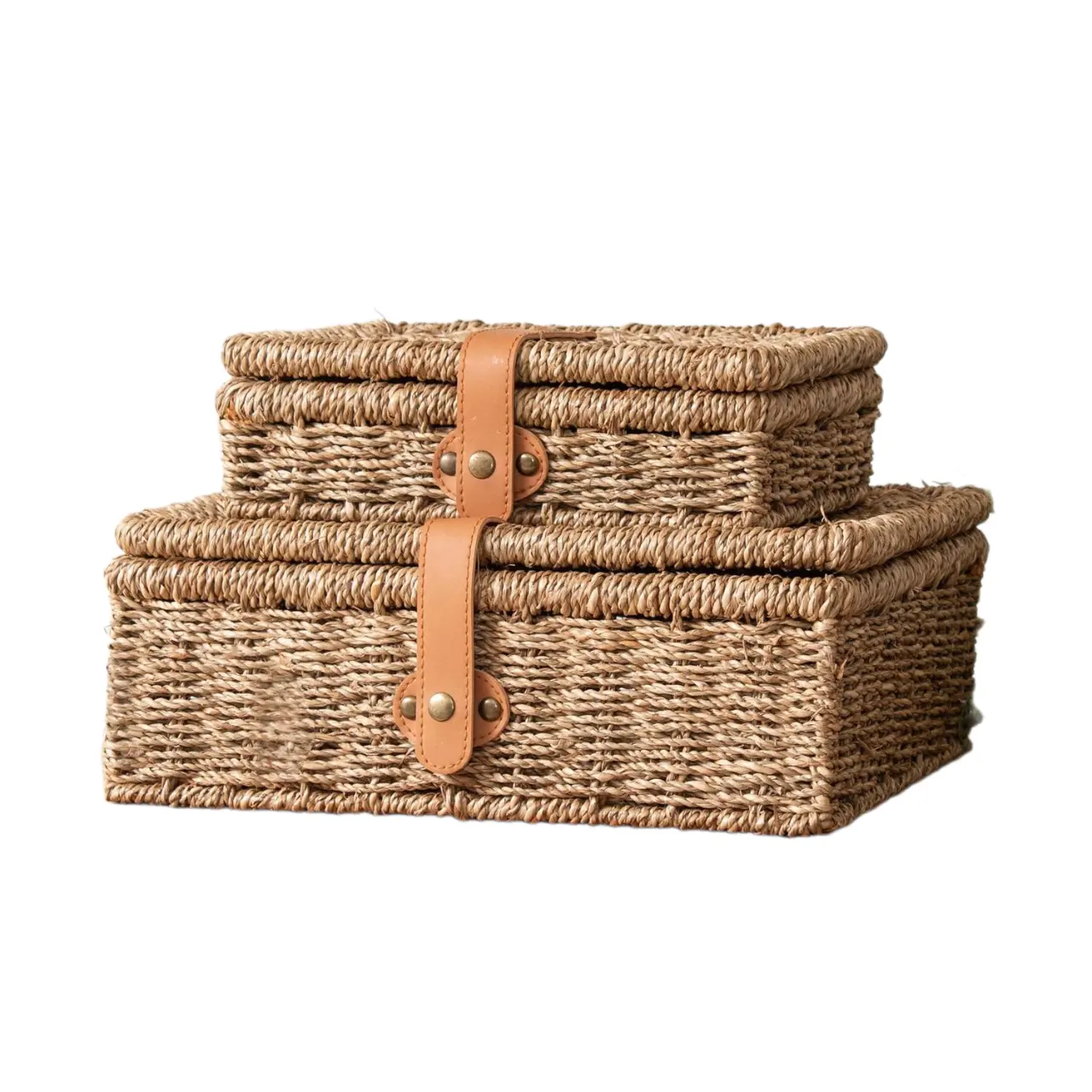 Cajas de almacenamiento de algas marinas tejidas de diseño elegante Simple con correa de cuero para organización y decoración del hogar cesta de regalo de nacimiento