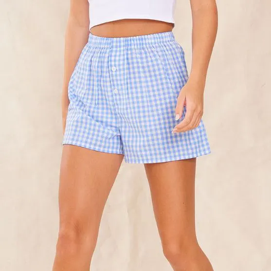 Shorts xadrez de verão personalizados para mulheres, shorts de popeline de algodão com botão estampado e cintura elástica solta, com botões azuis