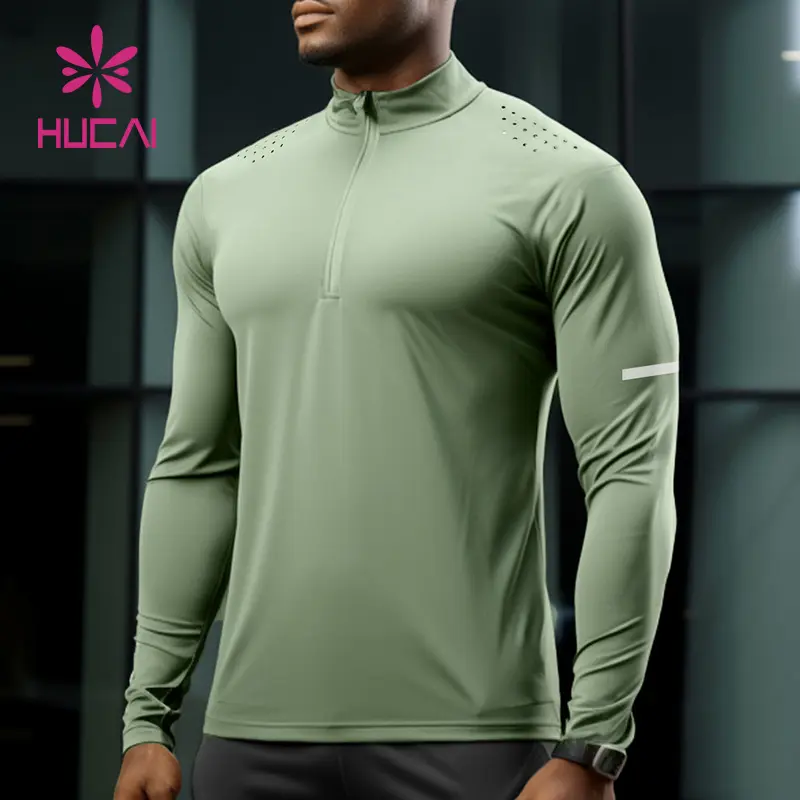 HUCAI Custom logo muscle slim fit 1/4 quarter zip long sleeves mock neck gym compression t shirt for men