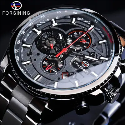 Top Brand Luxury Forsining Three Dial Calendar Stainless Steel Mechanical Watches Men Wrist hot Watches Sport Male Watch