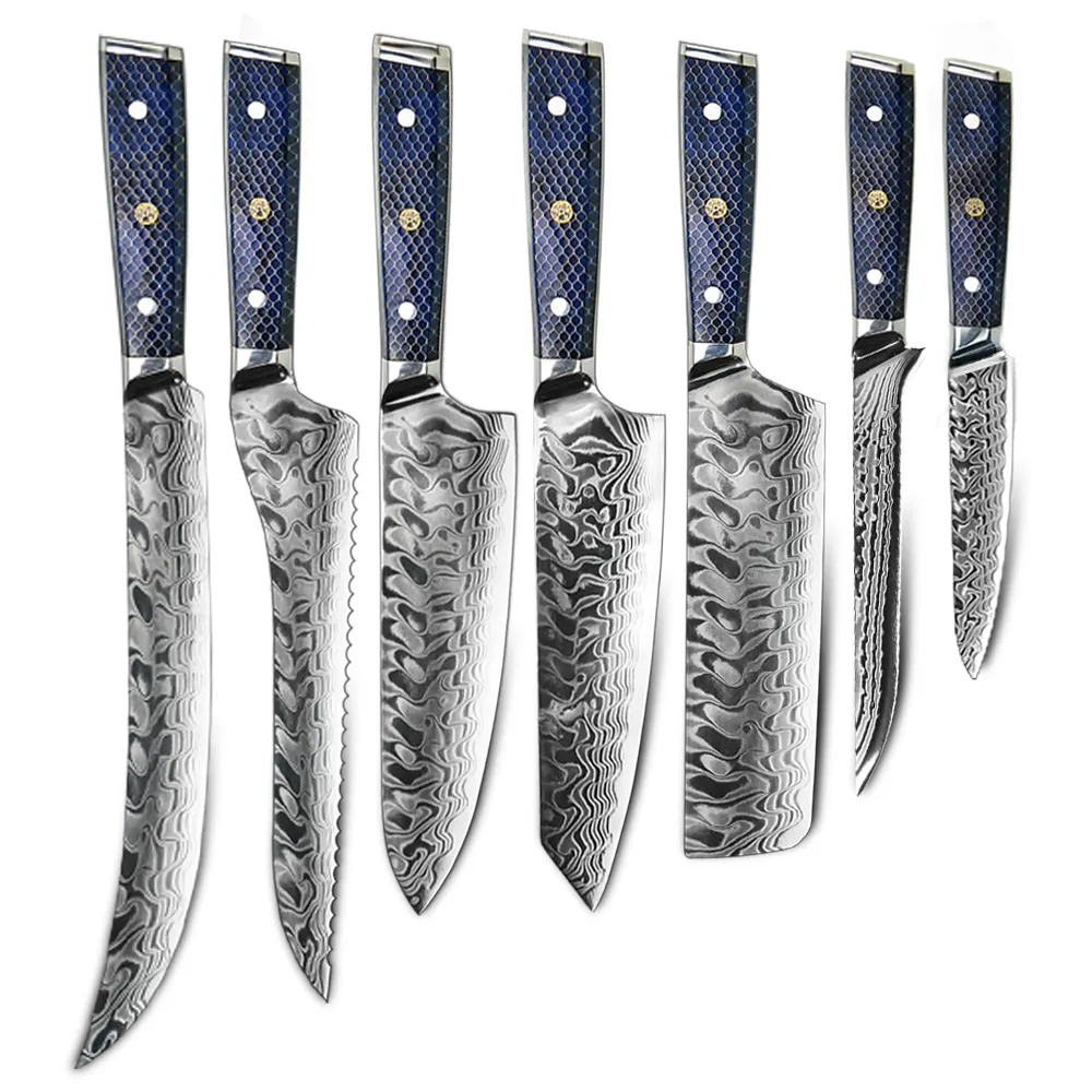 Hổ phách 7pcs Damascus Knife Set skinning Nhật Bản Bếp đầu bếp dao set sushi Knife Set với màu mật ong Lược Bee nhựa xử lý