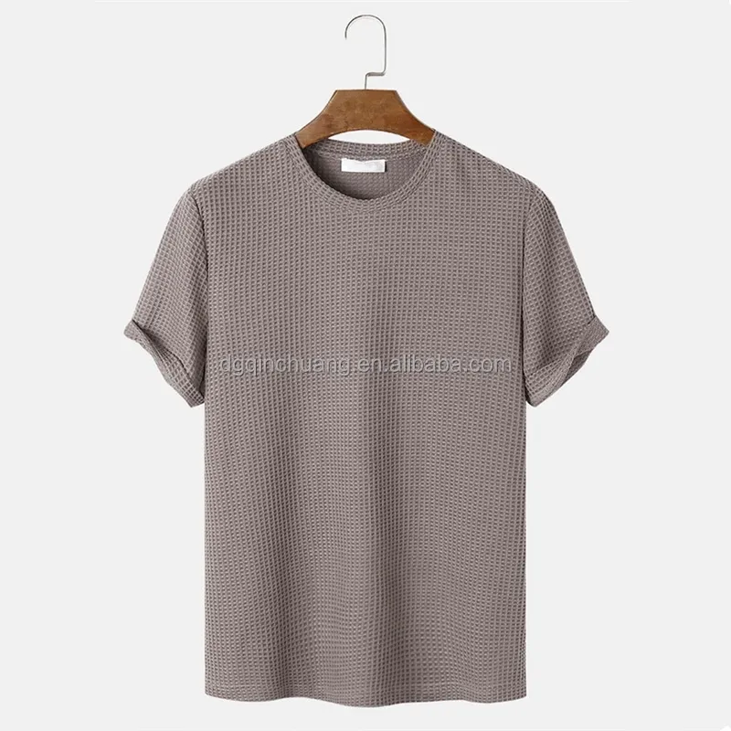 Grueso cuello redondo Casual Beige Waffle Camisetas manga corta de algodón punto para hombre personalizado Waffle camiseta