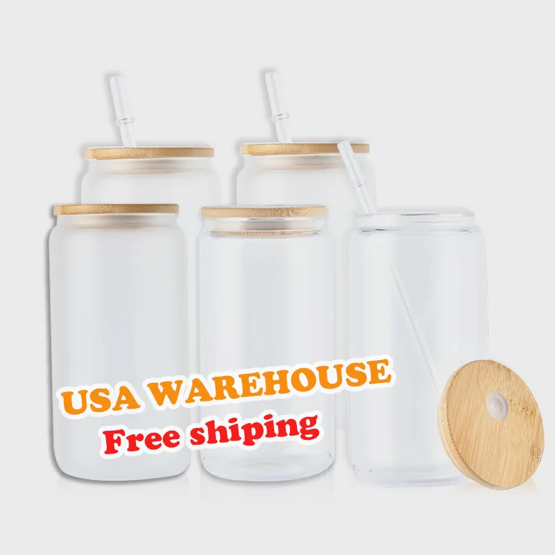 Us Warehouse 16oz Sublimation Clear Frosted Can Glass Mug 16oz Beer Can Cups With Bamboo Lid And Straws