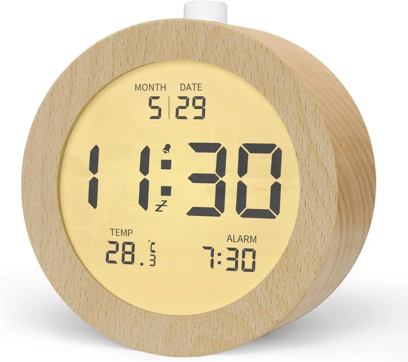 Alarme de mesa digital LCD com quadro de bambu real grande display, mesa de trabalho, tempo, temperatura, data, despertador