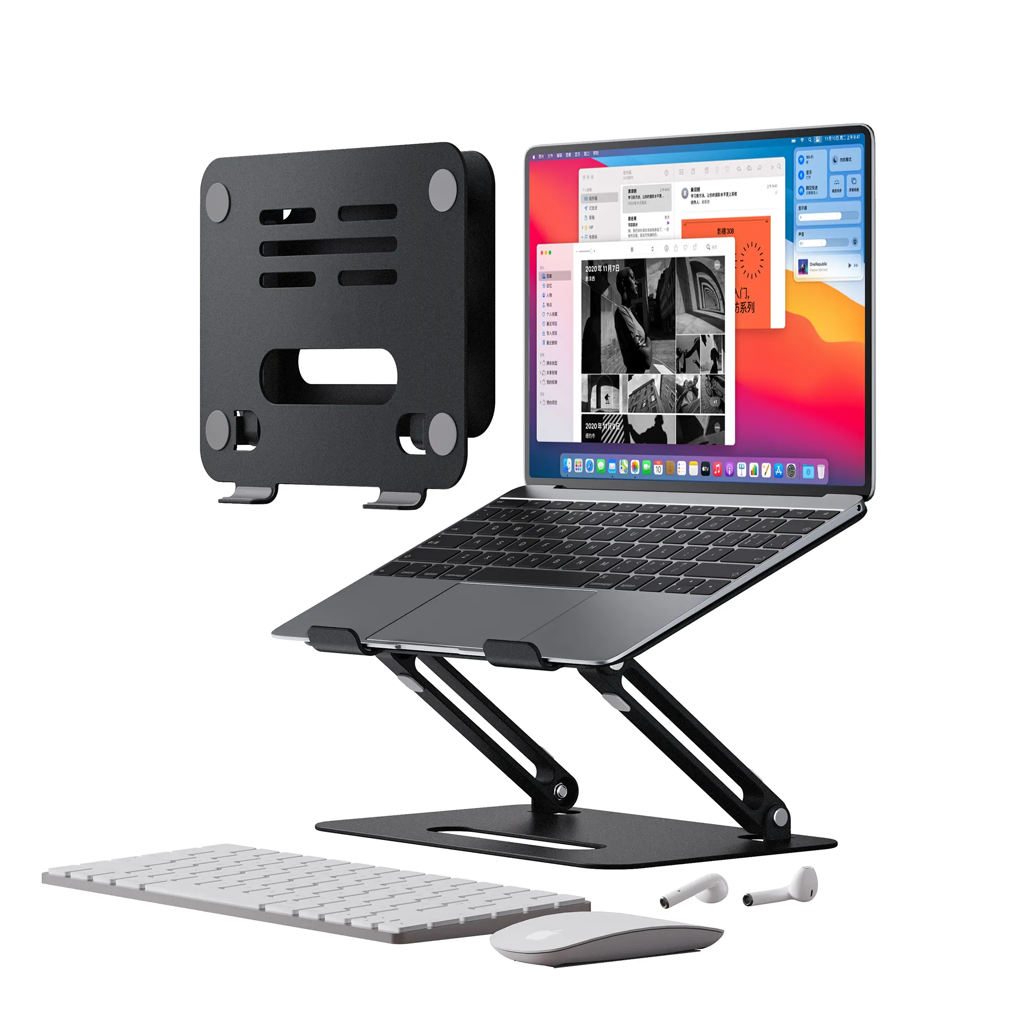 최신 휴대용 알루미늄 노트북 홀더 USB 허브 높이 각도 조정 가능한 허브 도킹 스테이션이있는 접이식 노트북 스탠드