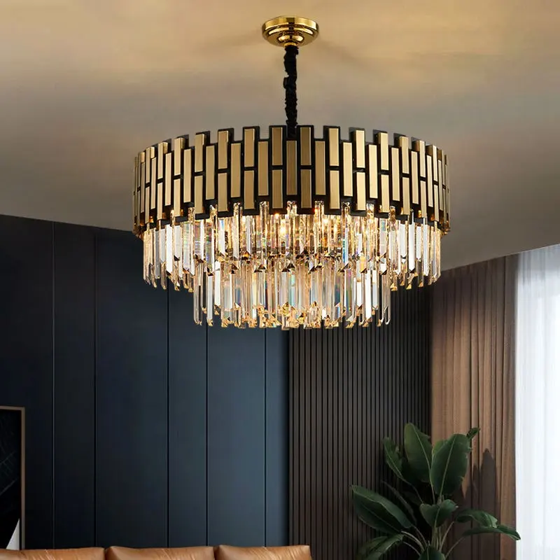 Iluminación Interior moderna, lámpara colgante con acabado dorado, mesa de comedor, candelabro grande de cristal para el hogar y la sala de estar